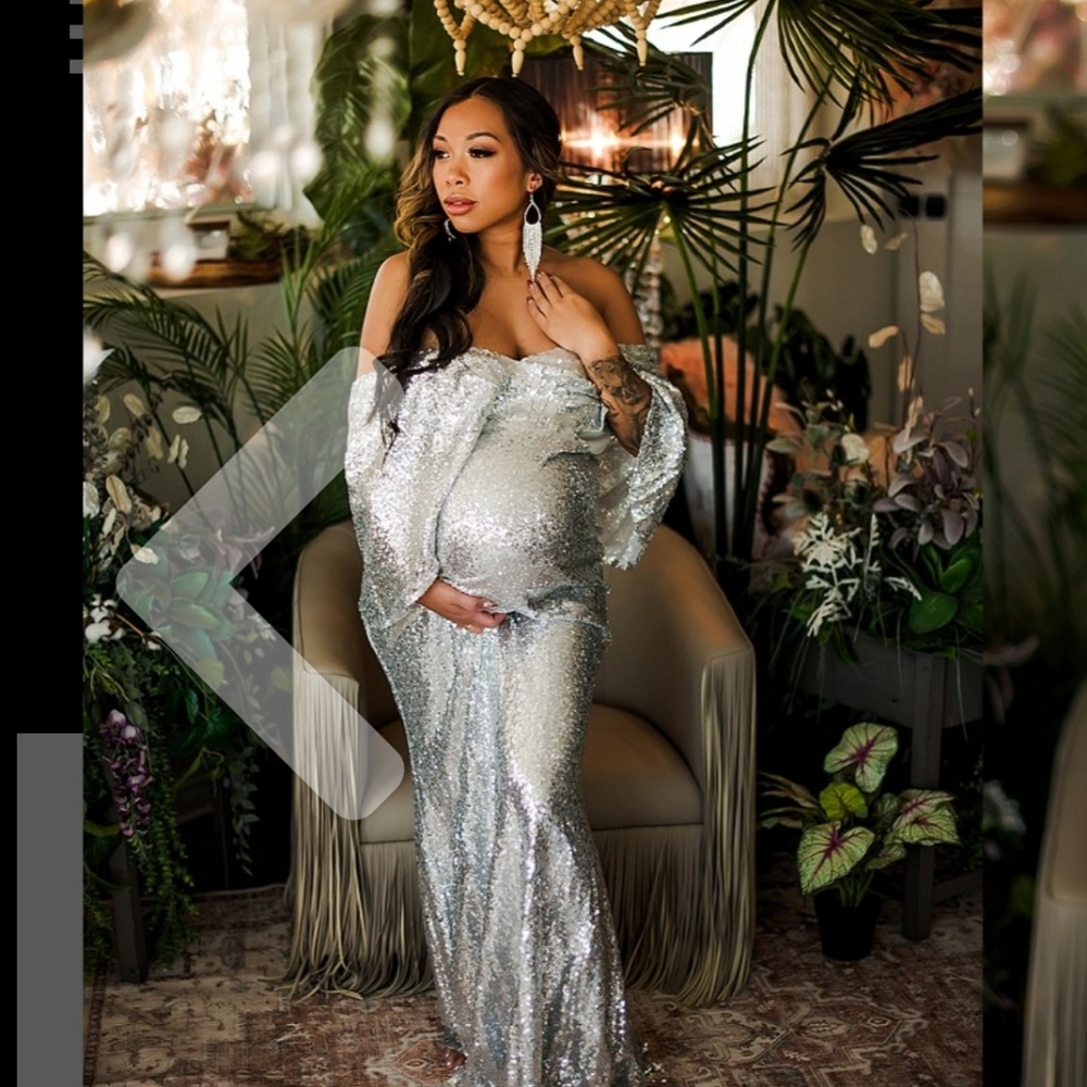 Silver Sequin Off-Shoulder Maternity Gown